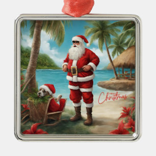 Ornement Carré Argenté Joyeux Noël Père Noël sur l'île tropicale