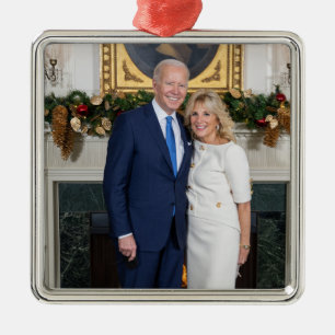 Ornement Carré Argenté Joyeux Noël, Président Joe Biden & Première Dame
