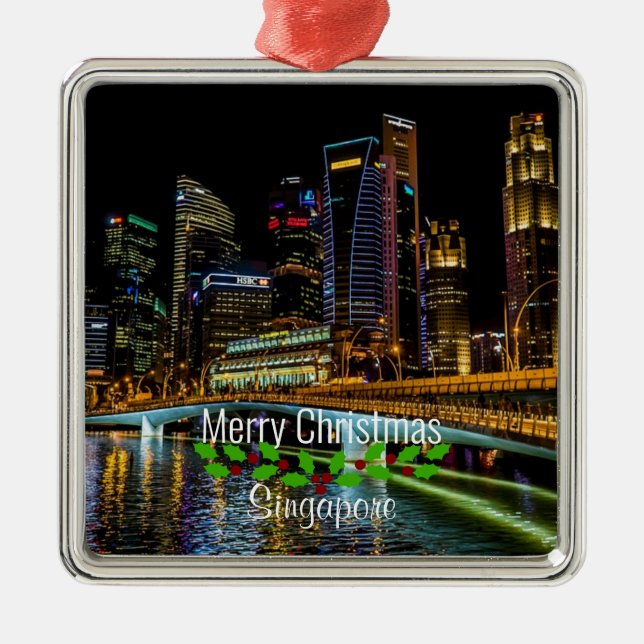 Ornement Carré Argenté Joyeux Noël Singapore Skyline, (Devant)