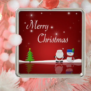 Ornement Carré Argenté Joyeux Noël Snowman et Père Noël