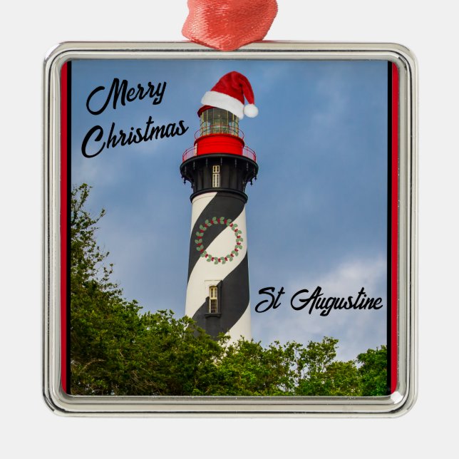 Ornement Carré Argenté Joyeux Noël St Augustine Florida Lighthouse (Devant)