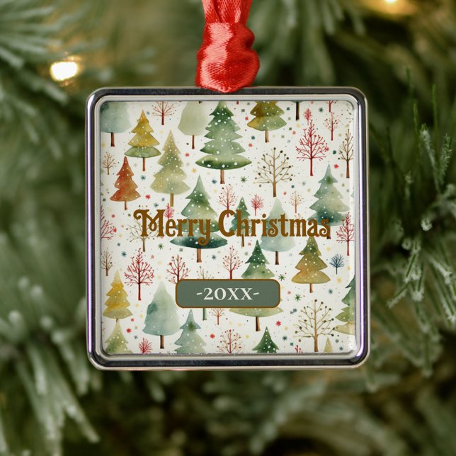Ornement Carré Argenté Joyeux Noël Vert Aquarelle Pine Arbres (Créateur téléchargé)