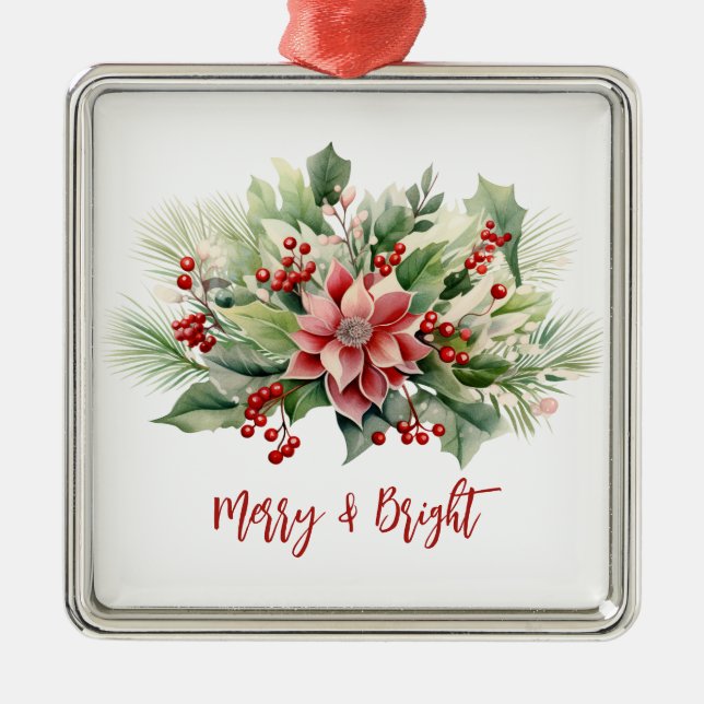 Ornement Carré Argenté Joyeux Poinsettia Rouge Berries Noël (Devant)