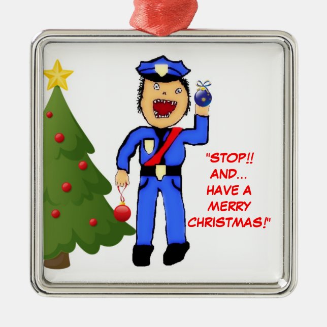 Ornement Carré Argenté Joyeux policier de Noël (Devant)