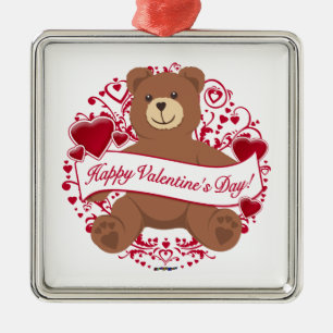 Ornement Carré Argenté Joyeux Valentine ! Teddy bear