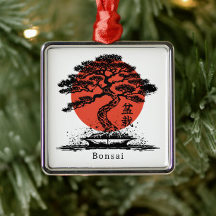 Ornement Carré Argenté Kanji japonais Bonsai Personnalisé