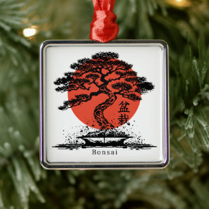 Ornement Carré Argenté Kanji japonais Bonsai Personnalisé