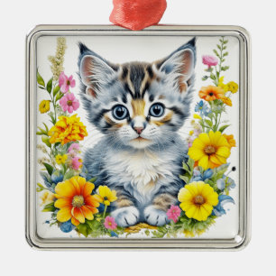 Ornement Carré Argenté Kit de fleurs de chaton à l'aquarelle Noël