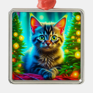 Ornement Carré Argenté Kitten de Noël et arbres de Noël