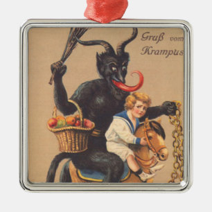Ornement Carré Argenté Krampus Équitation Hobbyhorse Avec Garçon