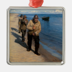 Ornement Carré Argenté Kroyer - Trois pêcheurs tirant un bateau