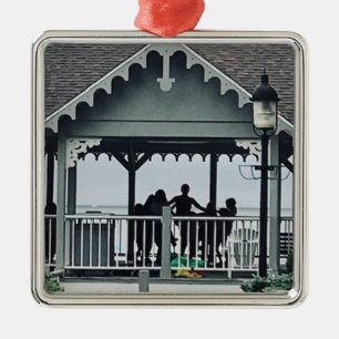 Ornement Carré Argenté Lakeside Chautauqua Yoga Silhouette Imprimer