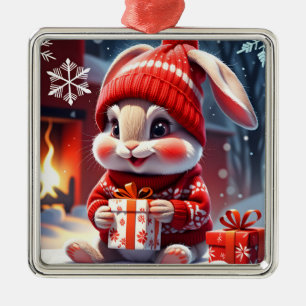 Ornement Carré Argenté Lapin de Noël