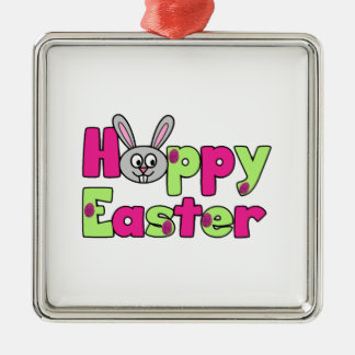 Ornement Carré Argenté Lapin de Pâques Joyeux Oeufs de Pâques