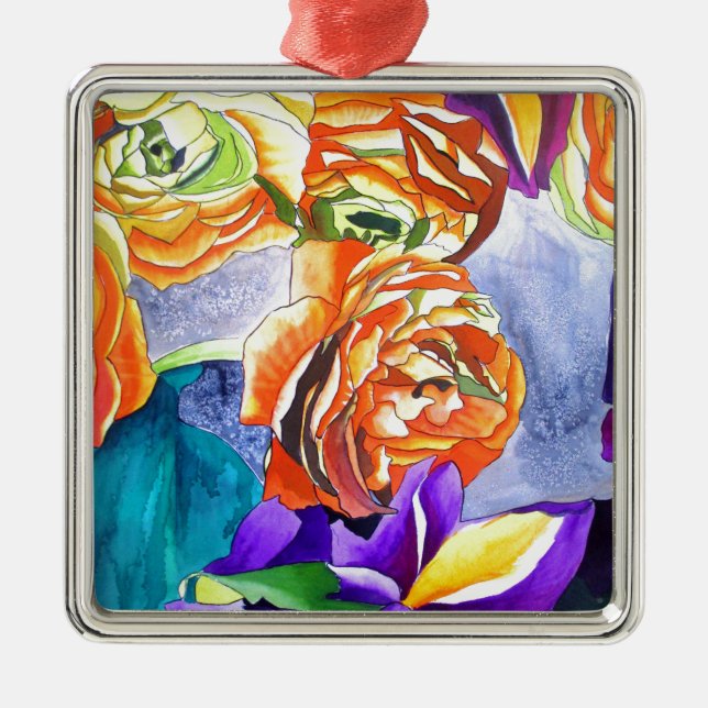 Ornement Carré Argenté L'aquarelle Ranunculus et Iris (Devant)
