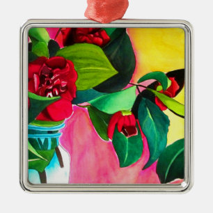 Ornement Carré Argenté L'art floral des Camellias rouges