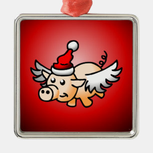 Ornement Carré Argenté Le cochon volant du Père Noël