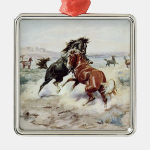 Ornement Carré Argenté Le Défi (Chevaux Sauvages se Battant)
