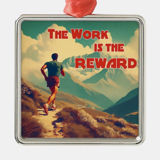 Ornement Carré Argenté Le Travail Est La Récompense Runner Mountains (Devant)