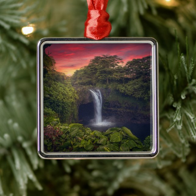 Ornement Carré Argenté Les cascades | Rainbow Falls, Hilo, Hawaii (Arbre)