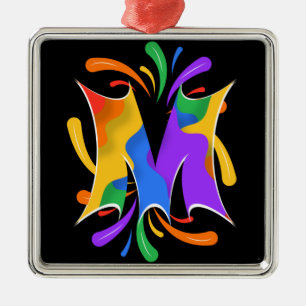 Ornement Carré Argenté Lettre arc-en-ciel M Monogramme Abstrait
