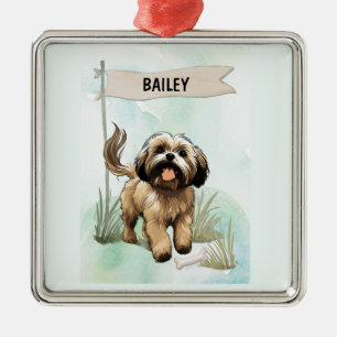 Ornement Carré Argenté Lhasa Apso Aquarelle Chien Personnalisé