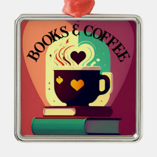 Ornement Carré Argenté Livres Et Café