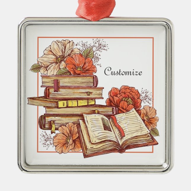 Ornement Carré Argenté Livres Et Fleurs Personnalisés (Devant)