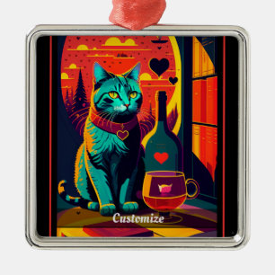 Ornement Carré Argenté Livres Et Vins Personnalisés Sunset Cat