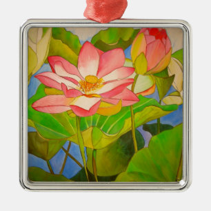 Ornement Carré Argenté Lotus rose nénuphar aquarelle peinture
