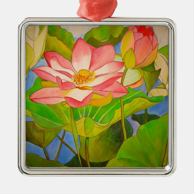 Ornement Carré Argenté Lotus rose nénuphar aquarelle peinture (Devant)