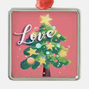 Ornement Carré Argenté Love Caption Carton Christmas Tree Pink