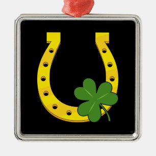 Ornement Carré Argenté Lucky Golden Horseshoe avec Shamrock sur noir