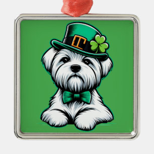 Ornement Carré Argenté Lucky Irlandais Shamrock Maltese Dog Jour de la Sa