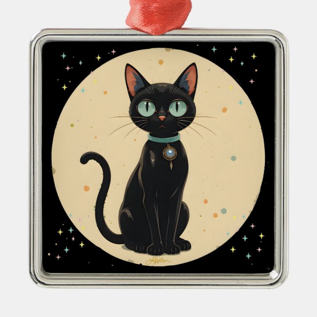 Ornement Carré Argenté Lune de chat noir atomique futuriste (Devant)