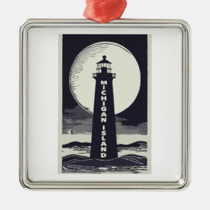 Ornement Carré Argenté Lune phare de Michigan Island