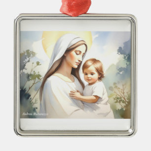 Ornement Carré Argenté Madonna avec l'enfant Jésus