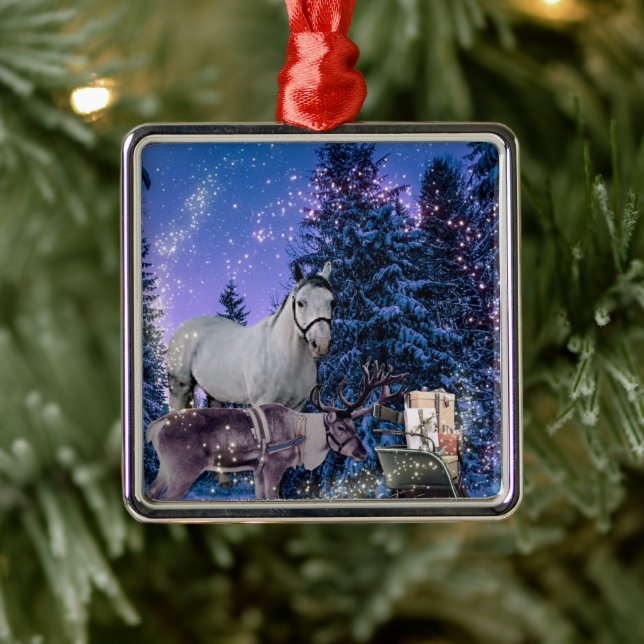 Ornement Carré Argenté Magie du Cheval de Noël (Arbre)