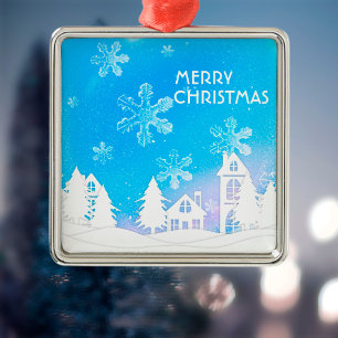 Ornement Carré Argenté Maison Blanche Bleue Neige Joyeux Noël