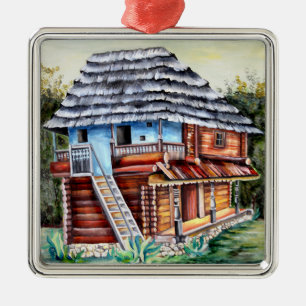 Ornement Carré Argenté Maison roumaine traditionnelle - Peinture aquarell