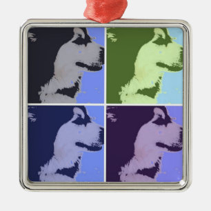Ornement Carré Argenté Malamute Dog Pop Art