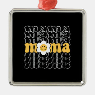 Ornement Carré Argenté Mama Smiley Face Daisy Retro