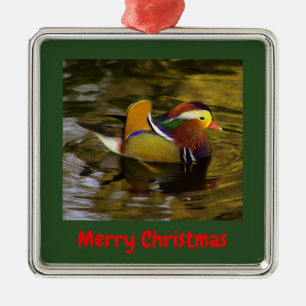Ornement Carré Argenté Mandarin Duck Joyeux Noël Argent encadré
