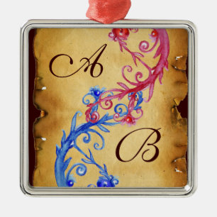 Ornement Carré Argenté Mariage SOUVENIR DES ÉCOLES FLORALES ROSES BLEU
