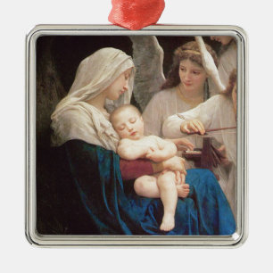 Ornement Carré Argenté Marie bénie tenant Jésus avec des anges