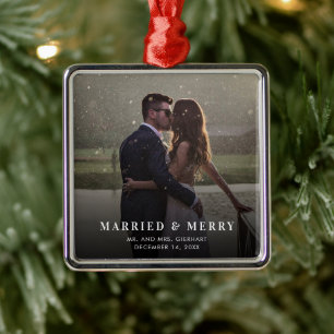 Ornement Carré Argenté Marié et Joyeux Mariage Photo Noël