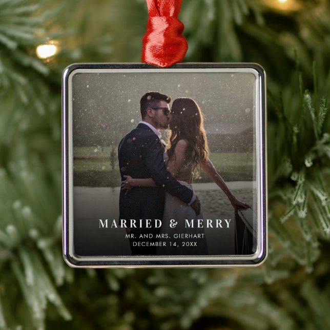 Ornement Carré Argenté Marié et Joyeux Mariage Photo Noël (Arbre)