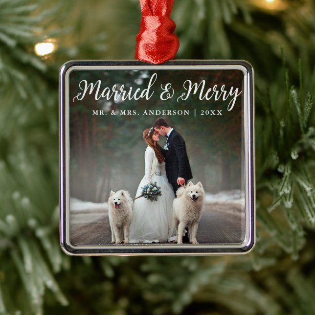 Ornement Carré Argenté Marié & Joyeux Mariage Photo Noël (Arbre)
