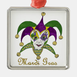 Ornement Carré Argenté Masque coloré Mardi Gras Jesters
