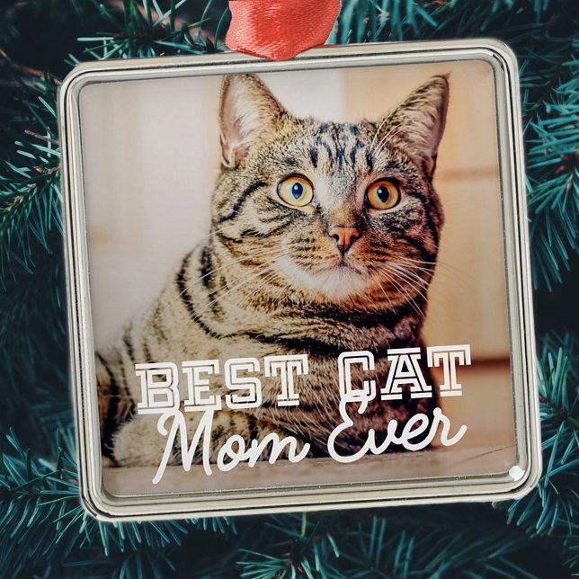 Ornement Carré Argenté Meilleur Chat Maman Ever Moderne Personnalisé Phot (Créateur téléchargé)